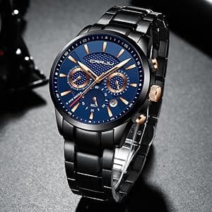 CRRJU Men's Business Casual Chronograph Quartz Waterproof Wristwatch Black Leather Strap