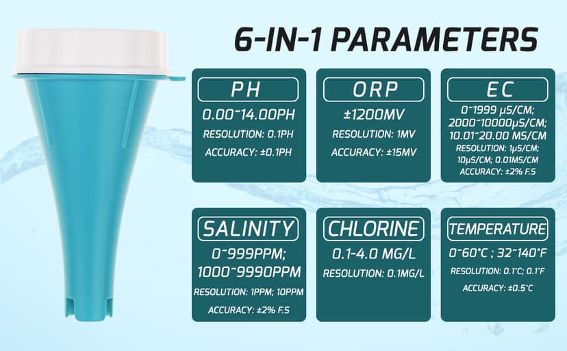 6-in-1 Wireless Water Quality Tester Bluetooth Floating Water Quality Monitor for Pools, Spas, and Hydroponics - pH, EC, ORP, Chlorine, Salinity, and Temperature Measurement