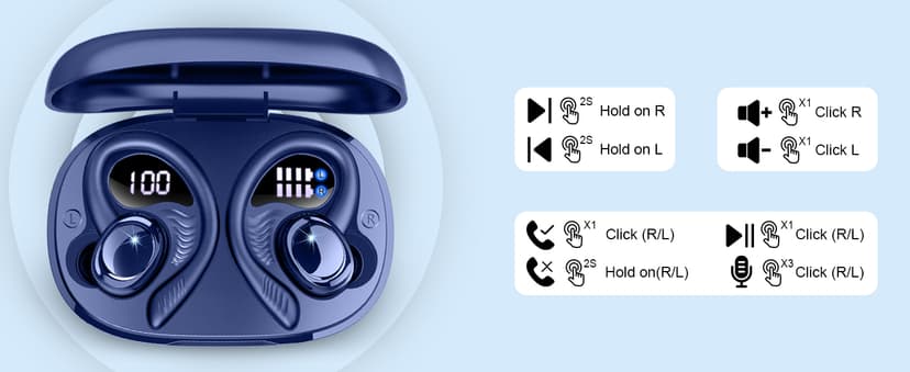 Hupoaf Wireless Earbuds Sport, New Bluetooth 5.4 Headphones with Earhooks, 50H Stereo Deep Bass Over Ear Buds with 4 ENC Noise Canceling Mics, IP7 Waterproof Earphones for Running Workout Gym -Blue