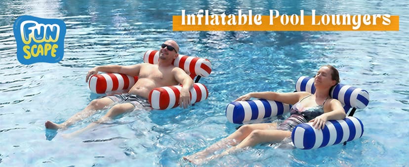 Funscape Pool Floats Chairs Adult, 2 Packs Heavy Duty Inflatable Swimming Pool Lounges, Fabric Floating Hammock Seat, Kid Blow Pool Noodle Lake Raft Floaties, Fun Summer Beach Water Party Game-Stripe