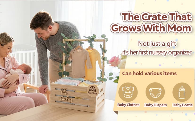 Wooden Baby Shower Crate Closet - Personalized Baby Gift Baskets with Hangers, Large Newborn Boys Girls Clothes Storage Box for Newborn New Parent B0GFMLPWDH