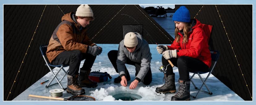 Garvee Pop Up Ice Fishing Shelter and Insulated Ice Fishing Tent with 49ft LED Light Strip, Windproof Portable Hub Design, Fits 1-8 People, 25-69 sq ft Fishable Area, Blue+Black