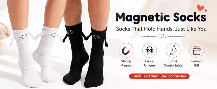 Soft cotton blend, funny 3D holding hands design. Perfect novelty matching socks gift for couples, lovers, and friends. Magnetic Holding Hands Socks for Couples, Cute Novelty Crew Socks B0DJR45VXM