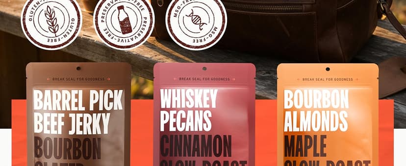 Double Neat Bourbon Flavored Snacks Variety Pack | Snacks Gifts for Men | Bourbon Glazed Beef Jerky, Cinnamon Whiskey Pecans, Almonds | Gift for Whiskey Lovers Men | 10oz, 3 Pack B0GGHN7KTL