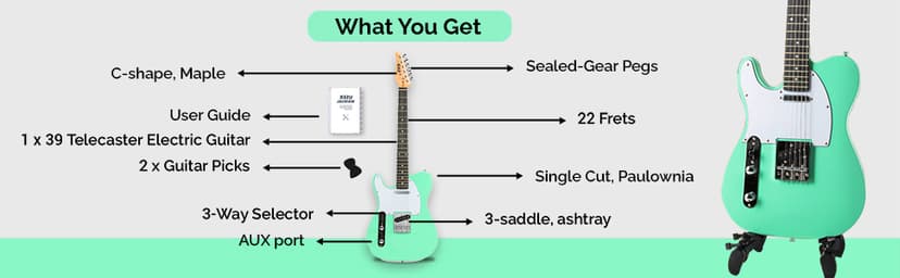 LyxPro 39” Electric Guitar Left Hand TL Series, Full-Size Paulownia Wood Body, 3-Ply Pickguard, C-Shape Neck, Ashtray Bridge, Quality Gear Tuners, 3-Way Switch & Volume/Tone Controls, 2 Picks, Green