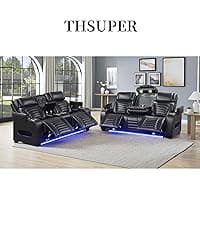 THSUPER Black Leather Power Recliner Sofa Loveseat Sets with Arm Storage and Power Headrest, Leather Living Room Reclining Sofa and Loveseat Set with Cup Holders and Bluetooth Speaker. | Breathable material, LED ambient light, Reading light, Hidden outlet, USB and Type-C port