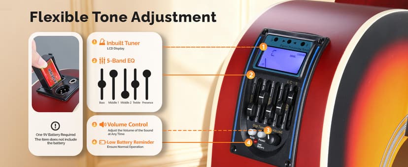GLARRY 41in Full Size Acoustic Electric Guitar Beginner Kit with 15W Amp, 5-band EQ Dreadnought Design 6 Strings Electric Acoustic Guitar with Bag, Strap, Picks, Strings, Wrench, Sunset Color