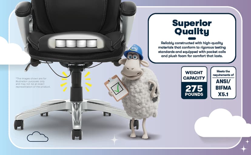 Serta Bryce Executive Office Chair - Ergonomic Computer DeskChair with Lumbar Technology - Adjustable Height - Memory Foam Body Pillows - 360° Swivel Rolling Base - Bonded Leather - Black