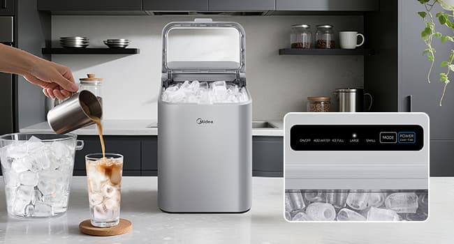 Midea MERI26B1AGY Countertop Bullet-Ice Maker, 8 Ice Bullets Ready in 6 Minutes, 26lbs/24H, Self-Cleaning Function with Ice Scoop and Basket for Home/Office/RV