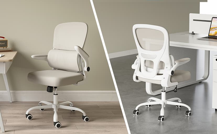 Soohow Office Chair, Mesh Ergonomic Office Chair with Lumbar Support, Comfy Computer Desk Chair with Flip Armrest Rolling Wheels for Home Study Room Office, White & Khaki