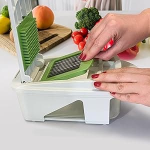 Mueller Pro-Series All-in-One, 12 Blade Mandoline Slicer for Kitchen, Food Chopper, Cucumber Slicer and Spiralizer, Cutter, Dicer, Grater, Gifts for Mom, Kitchen Essentials, White Sand/Green