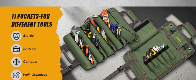 Tool Bag Roll Up, UUP Heavy Duty Portable Soft Tool Storage Organization, Foldable Empty Rollup Organizer with 2 Small Pouches, Rollable Carrying Toolbag, Dad Men Mechanic Welding Birthday Gift, Green