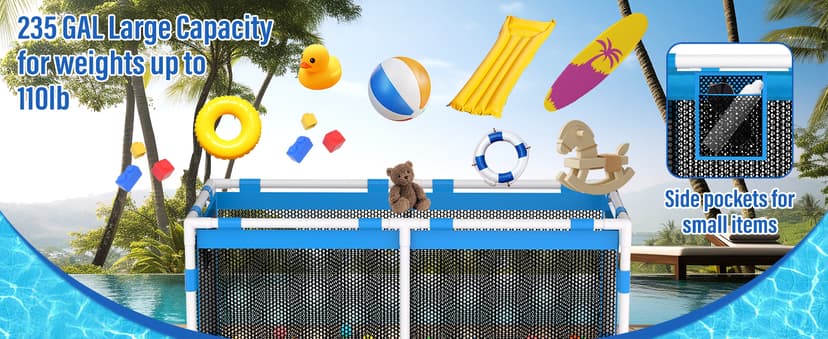 Pool Storage Bin - 235 Gallon 69" L Extra Large Pool Float Storage Organizer with Heavy Duty Tear & Sunlight Resistant Nylon Mesh, 360° Rolling Pool cart for Noodles,Toys,Floats,Balls