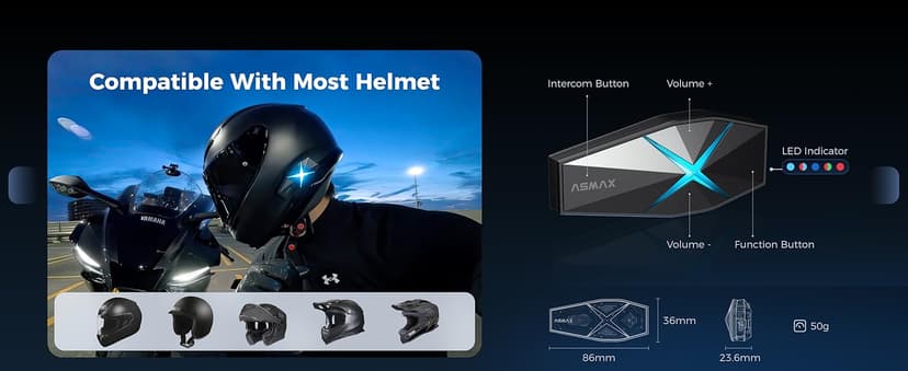 ASMAX F1s Motorcycle Bluetooth Headset With Smart Voice Control, 10 Riders Mesh Helmet Communication Systems, Dual Chip with Audio Multitasking/ENC/No-Magnet Mount, 5mi Intercom for Snowmobile, 2 Pack