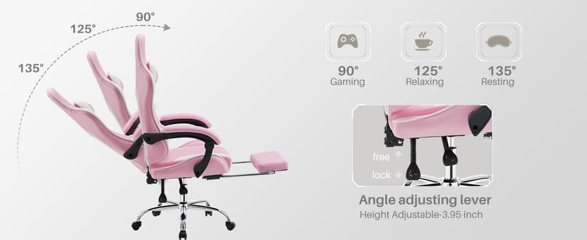 DUMOS Ergonomic Gaming Office Desk Chair with Footrest and Headrest for Adults, PU Leather Video Computer Chair with Linkage Armrests, Height Adjustable 360° Swivel Recling Chair, White Pink