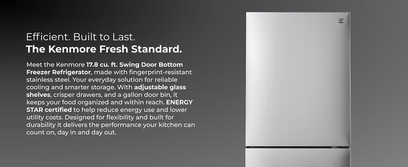 Kenmore 31" Bottom Freezer Refrigerator, Counter Depth - Ice Maker, Adjustable Shelving, Crisper Drawers, ENERGY STAR Certified, 17.8 cu. ft. Capacity, Fingerprint Resistant Stainless Steel