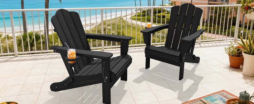 KINGYES Folding Adirondack Chair Set of 6, HDPE All-Weather Patio Chairs, Wooden Textured Lawn Chair for Poolside, Backyard, Deck, Fire Pit, Black
