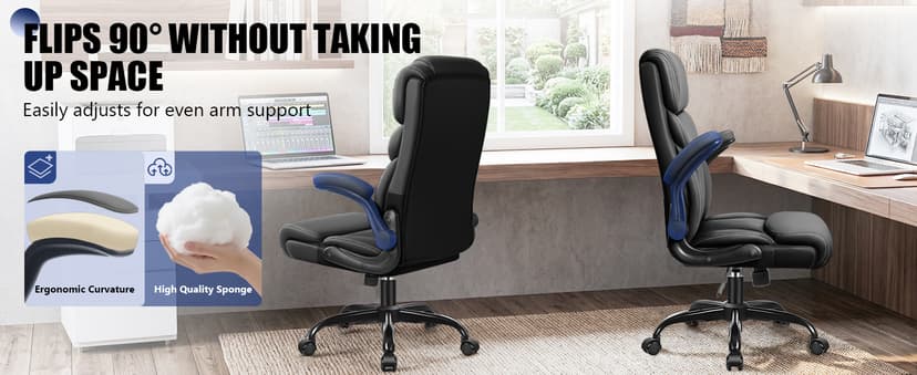 Primy Office Chair, Ergonomic Leather Desk Chair with Flip-up Armrests, Big and Tall High Back Executive Computer & Gaming Chair with Footrest, Comfy Padded, Rocking Function and Lumbar Support(Black)