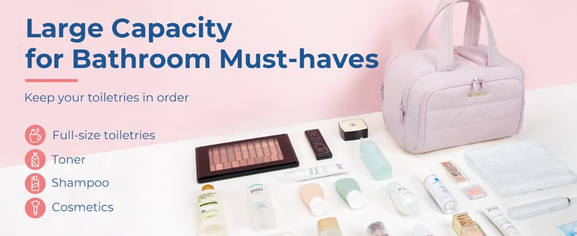 BAGSMART Travel Toiletry Bag, Lightweight Large Wide-open Travel Bag for Women, Puffy Cosmetic Makeup Bag Organizer with Handle for Accessories,Essentials, Toiletries, Dark Pink