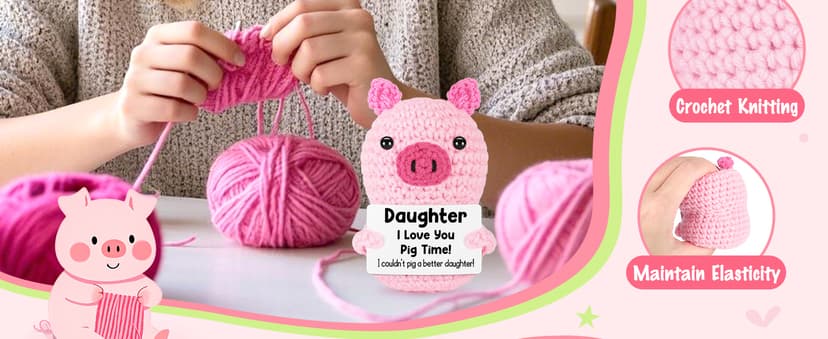 Funny Positive Pig Gifts for Daughter Birthday Christmas, Handmade Crochet Emotional Inspirational Pink Pig for Daughter Teens Adult, Daughter Gifts for Birthday Graduation Christmas Cute Decor
