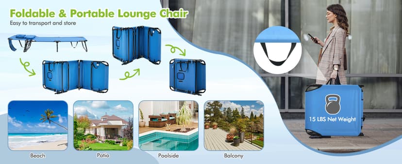 GYMAX Tanning Chair, 330lbs Beach Lounge Chair with Face Hole, Washable Pillow & Carry Strap, Adjustable Folding Chaise Lounge, Layout Lounger for Outside, Patio, Poolside, Lawn (1, Blue)