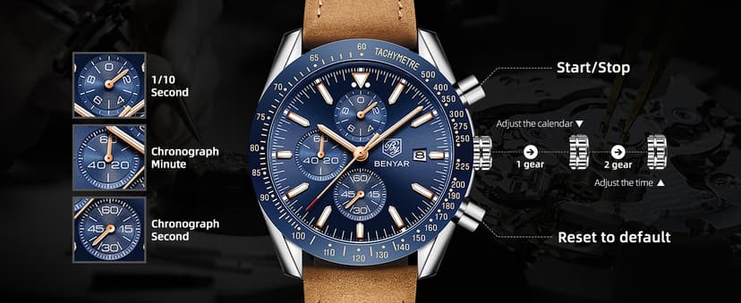 BENYAR Mens Watches Quartz Analog Chronograph Waterproof Wrist Watches for Men Fashion Business Work Casual Sport Dress Watch with Calendar