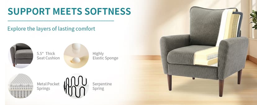 OLIXIS Comfy Accent Chair for Living Room Bedroom and Waiting Room, Upholstered Mid-Century Reading Chair with Pillow and Solid Wood Legs, Wide Singe Modern Lounge Sofa (Gray)