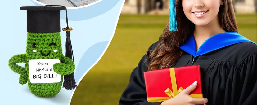 Primo Lines 2025 Graduation Gift - Handmade Crochet Emotional Support Pickle Doll with Cap, 4.73" Cute Knitted Potato Plushie, Unique Keepsake for Graduates, Friends & Anxiety Relief