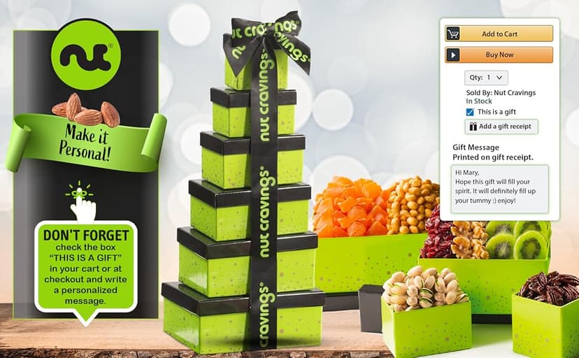 Green Tower + Ribbon, Food Arrangement, Healthy Snack Care Package, Kosher NUT CRAVINGS - Dried Fruit & Mixed Nuts Gift Basket (12 Assortments) B081294WT2