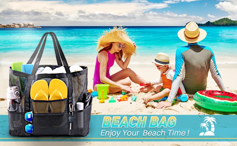 SRISE Mesh Beach Bag - Large Beach Tote Bag for Family Beach Bag for Toys & Vacation Essentials