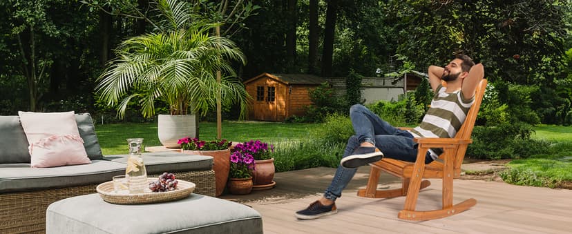 VINGLI Wooden Rocking Chair, Patio Rocker with Higher Backrest, Heavy Duty 600 LBS Outdoor Rocking Chair for Garden, Yard, Balcony, Teak