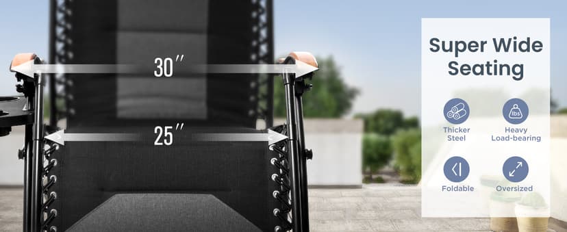 PHI VILLA XXL Oversized Padded Zero Gravity Chair, Foldable Patio Recliner, 30" Wide Seat Anti Gravity Lounger with Cup Holder, Support 400 LBS (Black)