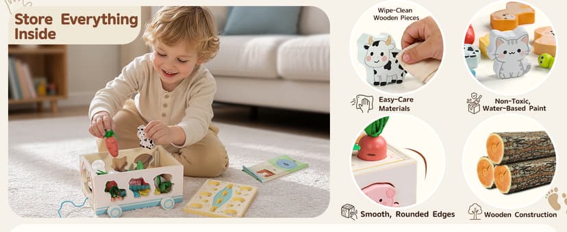 with Fishing Game, Pull-Along Storage Cart, Gears & Play Mat for Fine Motor Play First Birthday Gift for Boys & Girls Ages 1+ Fajiabao Wooden Montessori Toys for 1 Year Old, 7-in-1 Farm Activity Toy B0GL66PD6W