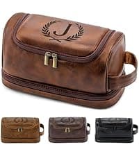 Mens Toiletry Bag Personalized Easter Fathers Day Birthday Gifts for Men Him Initial PU Leather Waterproof Shaving Bag for Toiletries Accessories Travel Essential for Dad Husband Boyfriend (M)
