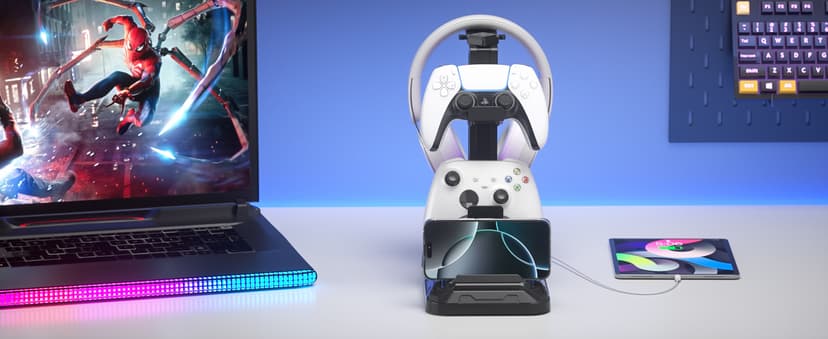 KDD Headset Stand with Charging Station - Detachable Controller Holder with 9 Light Modes - Rotatable Headphone Hanger with USB A&C Charger Ports - Earphone Hook for PC Gaming Accessories Storage B0DGGH8KN1