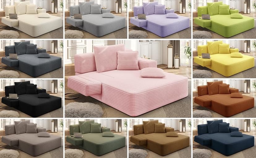 2 in 1 Corduroy Chaise Lounge Chair Indoor, 60'' Oversized Boneless Sofa Chaise Lounge with Pocket, Plush Cozy Deep Seat Couch Chair for Living Room, Bedroom, Small Spaces, RV (Pink)