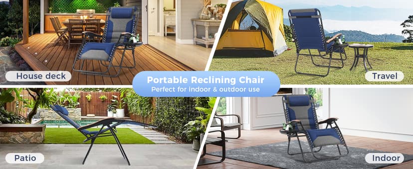 MAISON ARTS Oversized XXL Padded Zero Gravity Chair, 30" Wide Seat Foldable Patio Recliner, Anti Gravity Outdoor Lawn Chair with Cup Holder & Pillow, Supports 400lbs, Blue & Grey