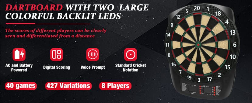 Electronic Dart Board, Soft Tip Dartboard Set 40 Games, 427 Variants Digital Electric Dart Boards with Colorful LED, 6 Darts, 100 Tips, Power Adapter