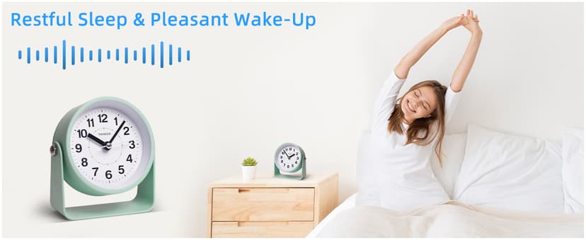 TIMESS Analog Alarm Clock, Silent Non-Ticking Quartz Movement, Battery-Operated with Snooze & On-Demand Light, Easy to Set Gentle Wake Bedside Desk Clock, Ideal for Home, Travel, Office (Green)