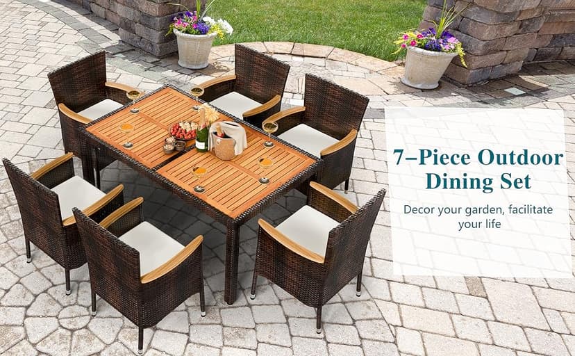 Shintenchi 7 Piece Patio Dining Set, Wicker Patio Conversation Set with Wooden Table Top, Outdoor Table and Chairs with Soft Cushions for Backyard, Deck and Garden, Brown Rattan