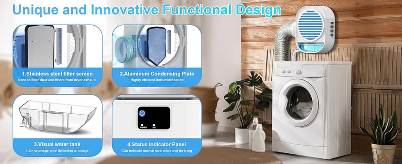 4-in-1 Indoor Dryer Vent with Dehumidifier for Protect Furniture, Dryer Vent Kit for Electric Dryers, Stainless Steel Screen Filter, Lint Trap,Polyester Filter and Visual Water Tank