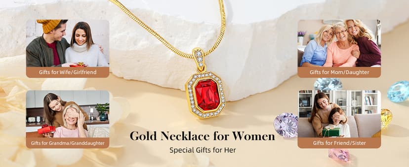 Christmas Gifts for Women 14K Plated Gold Necklace for Women Square Crystal Necklace with Snake Chain Gold Jewelry for Womens Birthday Gifts for Wife Birthstone Necklaces for Wife Jewelry for Girlfriend Gift for Anniversary Wedding Valentines Mother's Day