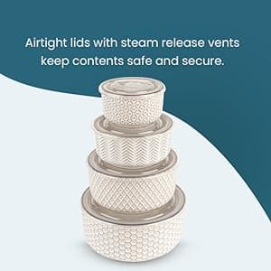Narbonne Collection, Stackable, For Prep & Serving, 10/17/29/47 oz, Leak-Proof Lids, Steam Vent, Microwave & Dishwasher Safe KooK Ceramic Nesting Bowls with Lids, Embossed Stoneware, Set of 4, Ivory B0BJS6M86W