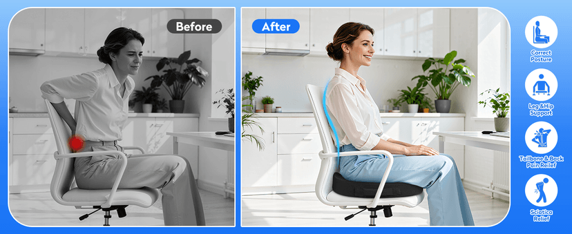 CushZone Seat Cushion - Memory Foam Office Chair Cushion for Sciatica, Tailbone & Back Pain Relief - Orthopedic Coccyx Pillow for Car, Airplane, Pregnancy & Long Sitting at Work, Black