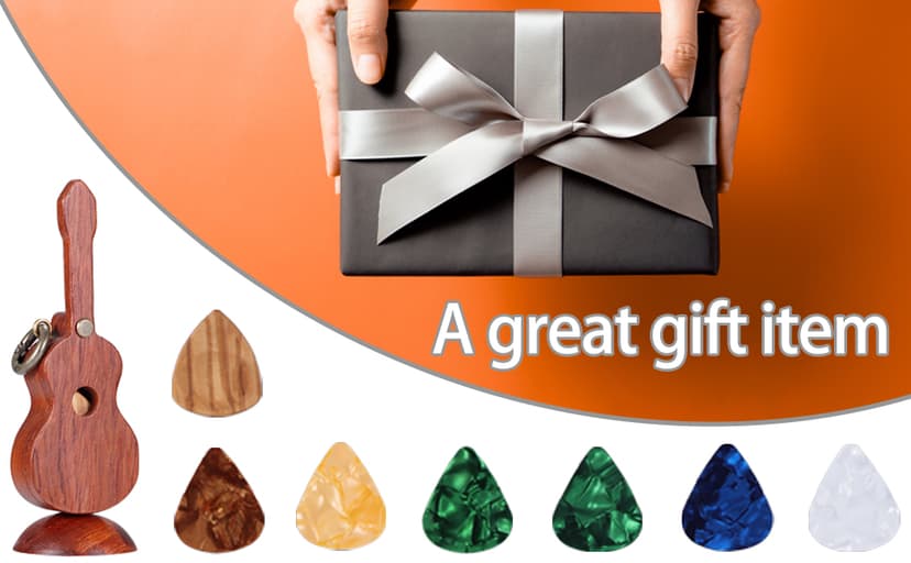 CustomGuitarPlectrumwithBox HomeWoodenDecorativeOrnamentGuitarMusicGiftCarMiniPendantGuitarAccessories Musician'sGuitarPlectrumGiftChristmasUniqueGift (Wood color (flower pear tree))