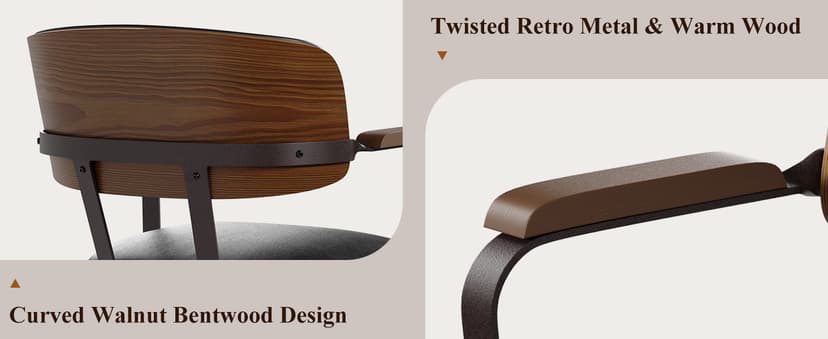 Mid-Century Modern Desk Chair with Walnut Bentwood Design,Retro Home Office Chair with Adjustable Height,360°Swivel,Smooth Rolling Casters,Small Computer Chair PU Leather (Black)