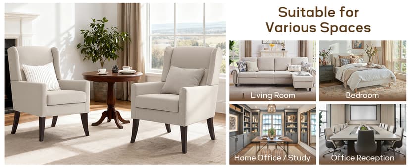 Zihanhome High Back Living Room Chairs, Fabric Accent Chair, Comfy Upholstered Armchair with Wooden Legs for Living Room, Bedroom, Apartment (1, Beige)