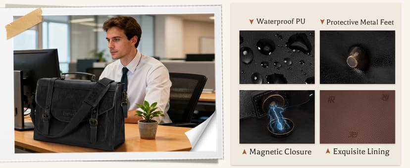 RAINSMORE Flap Messenger Bag for Men Vintage PU Leather Laptop Bag 15.6 Inch Retro Briefcase with Wallet Satchel Computer Bag