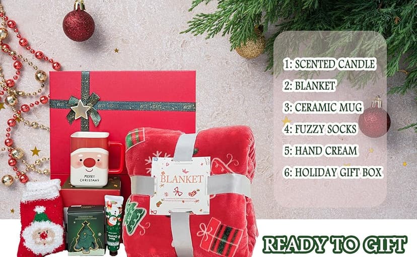 2025 Christmas Gift Set for Women, Holiday Gift Box with Cozy Blanket, Hand Cream, Santa Mug, Scented Candle & Fuzzy Socks, Christmas Gift Basket for Mom, Sister, Best Friend or Coworker