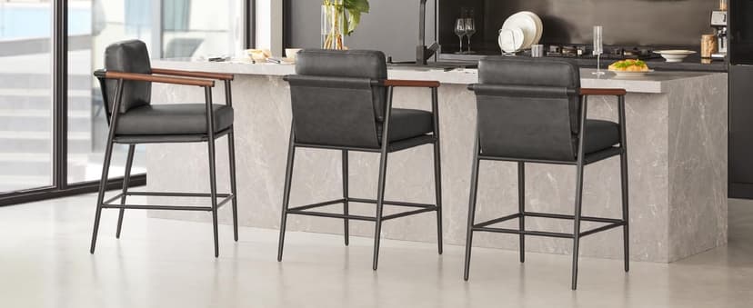 Watson & Whitely Mid Century Modern Barstools Set of 2, 26" H Upholstered Counter Height Bar Stools with Wood Armrests and Metal Legs, Fabric in Beige